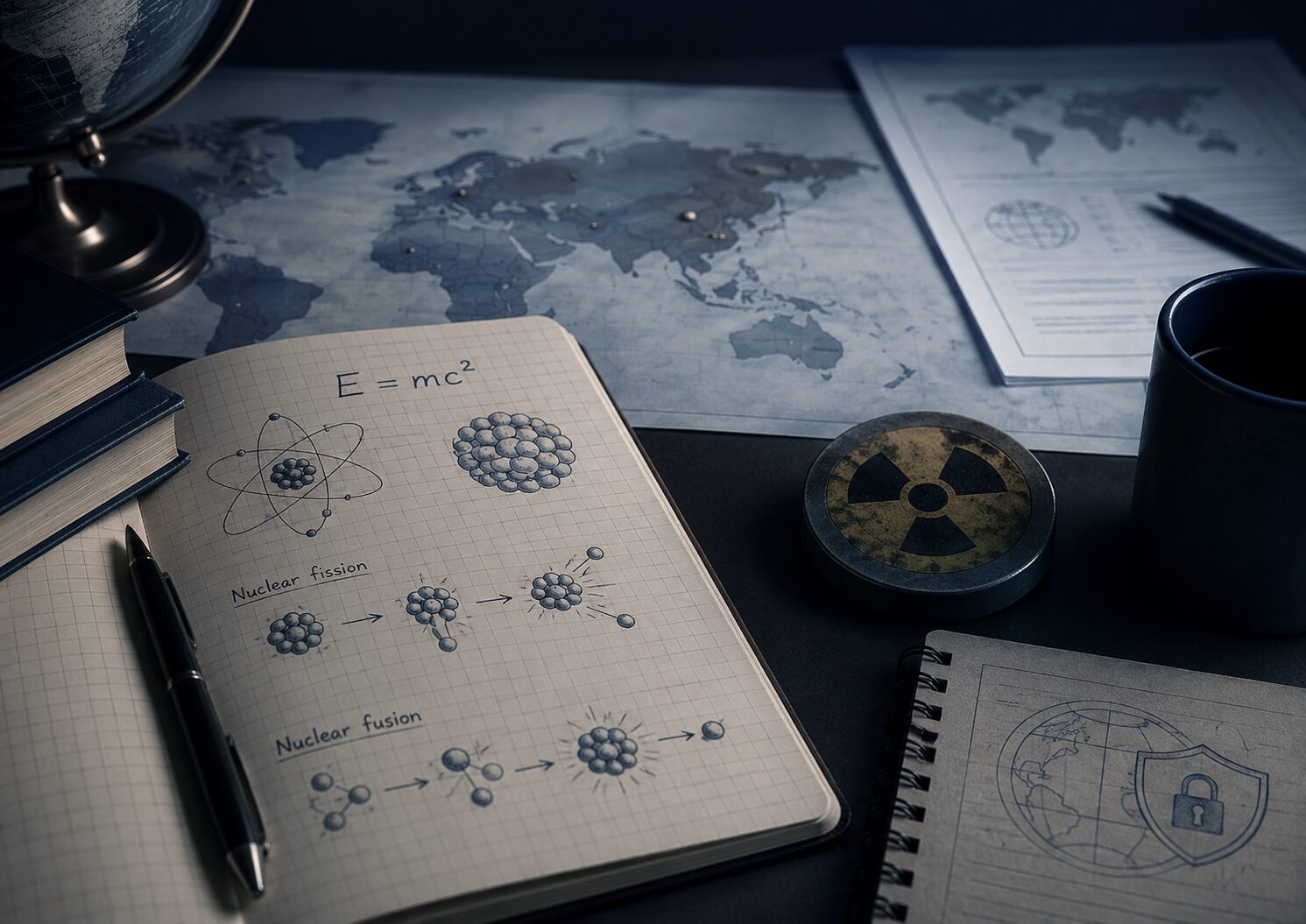 核兵器の危険性を科学と国際情勢から読み解くためのノート、原子核の図、E=mc²、世界地図が置かれた分析デスク