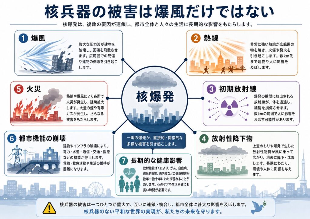 核爆発による爆風、熱線、初期放射線、放射性降下物、火災、都市機能の崩壊、長期的な健康影響を整理した図解