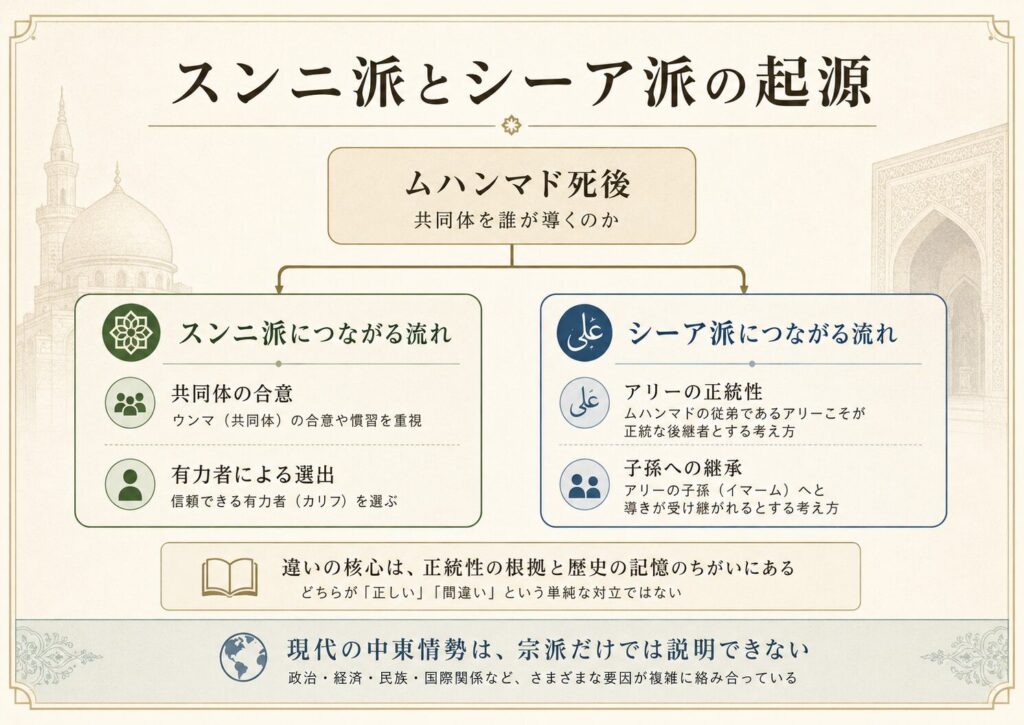 ムハンマド死後の後継者問題から、スンニ派とシーア派につながる流れを正統性と記憶の違いとして整理した図解
