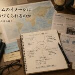 世界地図、ニュース資料、分析ノートが並ぶ机の上で、イスラム教に対するイメージの背景を読み解くイメージ