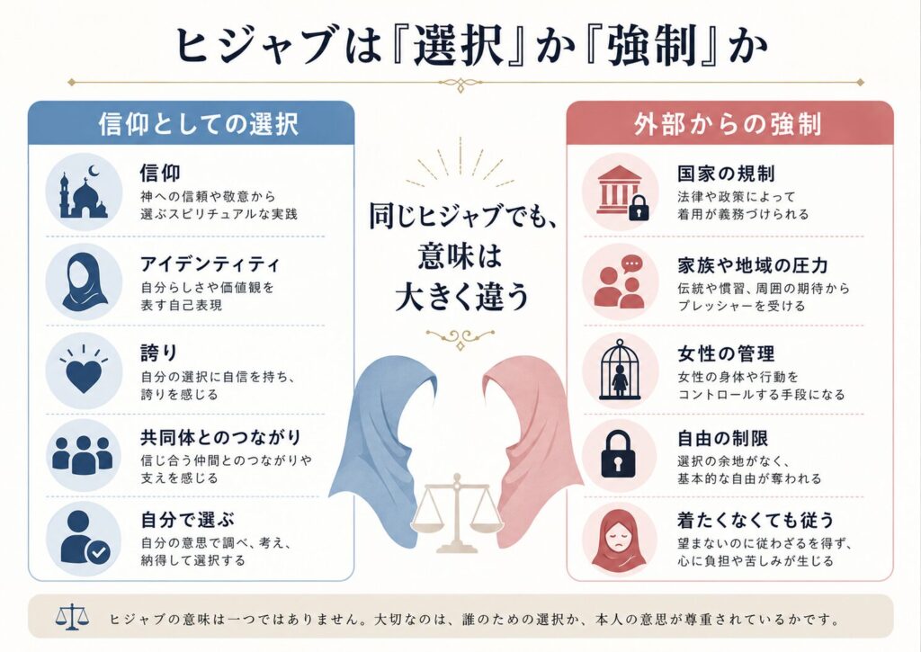 ヒジャブが本人の信仰やアイデンティティとして選ばれる場合と、国家や社会から強制される場合の違いを整理した図解