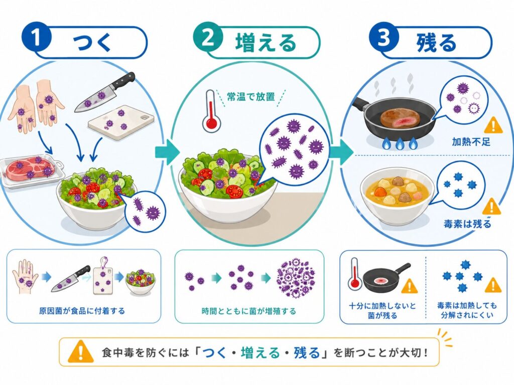 食中毒の流れを「つく・増える・残る」の3段階で示した図。原因菌が食品に付着し、時間とともに増え、加熱不足や毒素によって残ることを説明している
