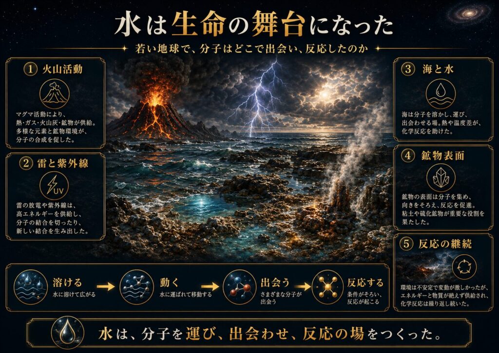 若い地球の海や火山、雷、鉱物表面で、分子が出会い反応する生命の起源の環境を示した図解
