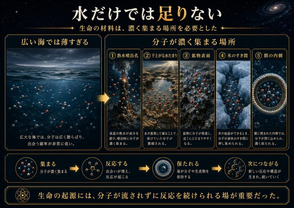 生命の材料となる分子が、広い海では薄く散らばり、熱水噴出孔や干上がる水たまり、鉱物表面、氷のすき間、膜の内側で濃く集まることを示した図解