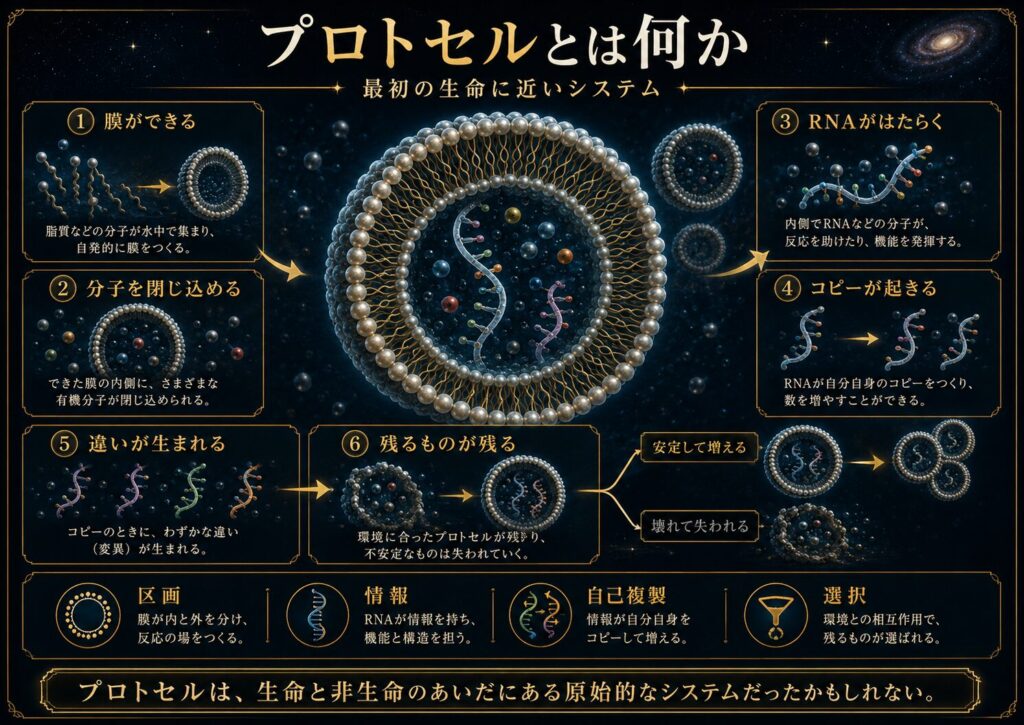 膜に包まれた原始的な小胞の中で、RNAのような分子が働き、コピー、変異、選択が起こるプロトセルの仕組みを示した図解