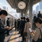 日本の駅で時計を確認する通勤者や整列して電車を待つ人々を描き、時間に正確な社会を表現したイラスト