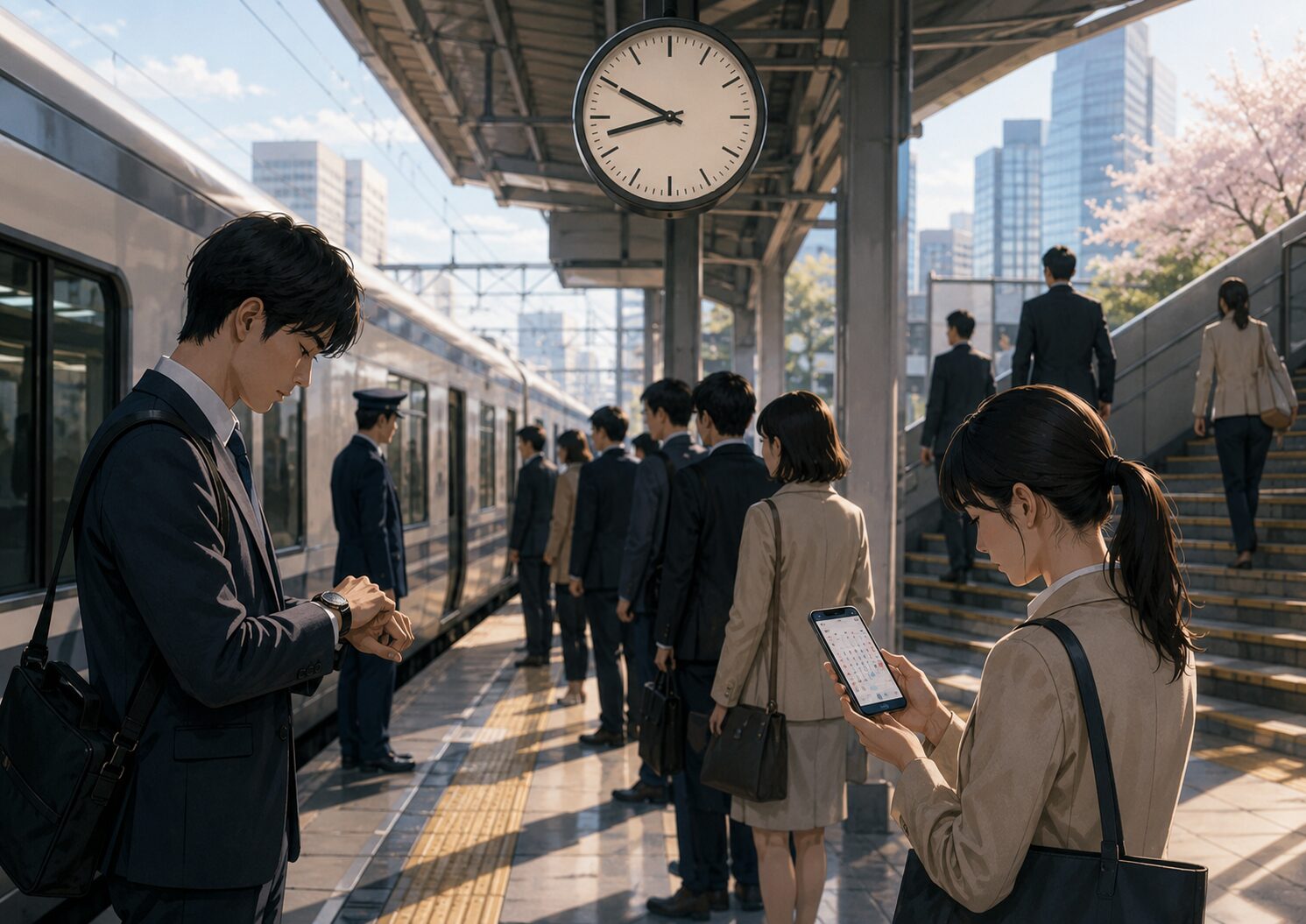 日本の駅で時計を確認する通勤者や整列して電車を待つ人々を描き、時間に正確な社会を表現したイラスト