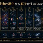 ビッグバンから粒子の時代、陽子と中性子、原子核、原子、ガスの集まり、最初の星までの流れを示した図解