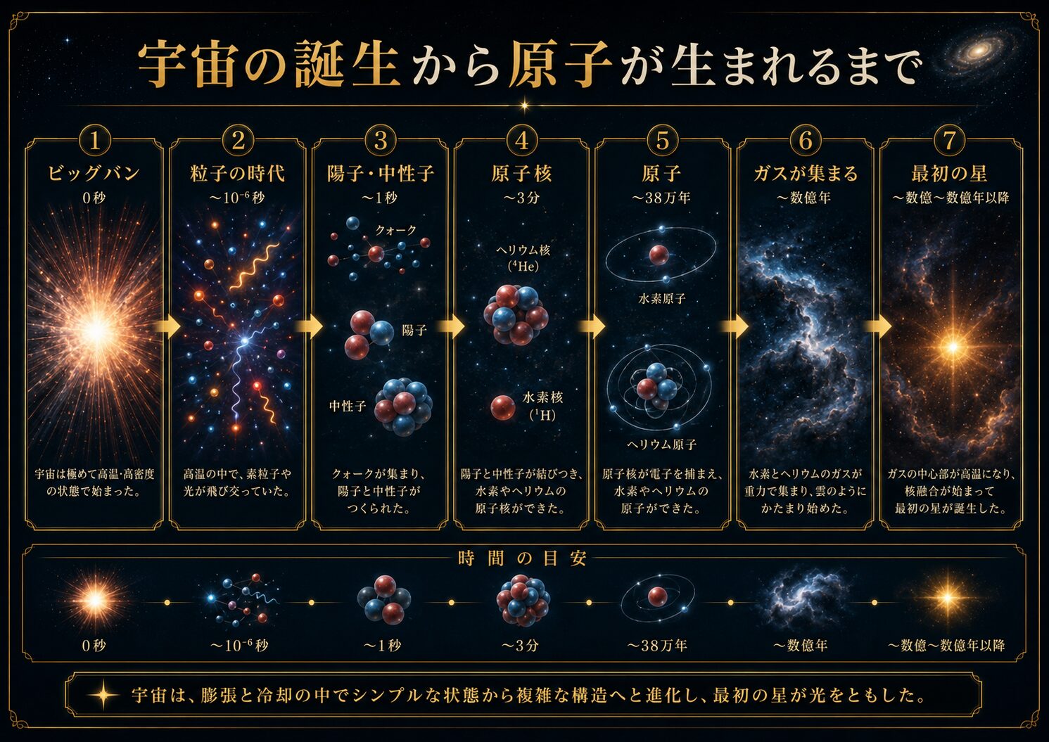 ビッグバンから粒子の時代、陽子と中性子、原子核、原子、ガスの集まり、最初の星までの流れを示した図解