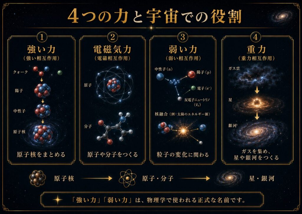 強い力、電磁気力、弱い力、重力の4つの力が、原子核、原子や分子、粒子の変化、星や銀河にどう関わるかを示した図解
