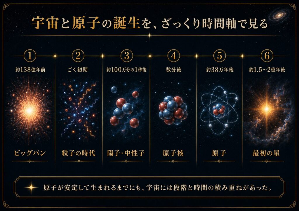 ビッグバンから粒子の時代、陽子と中性子、原子核、原子、最初の星までを時系列で示した時間軸の図解