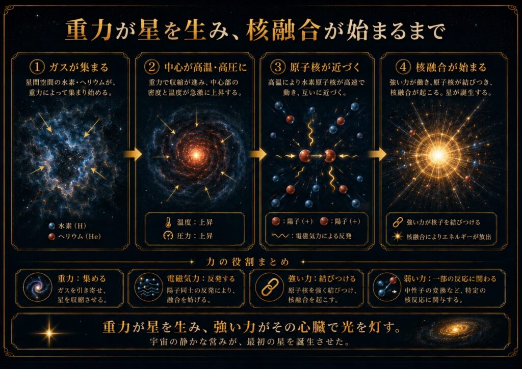 水素とヘリウムのガスが重力で集まり、中心が高温高圧になり、原子核が近づいて核融合が始まり、星が誕生する流れを示した図解