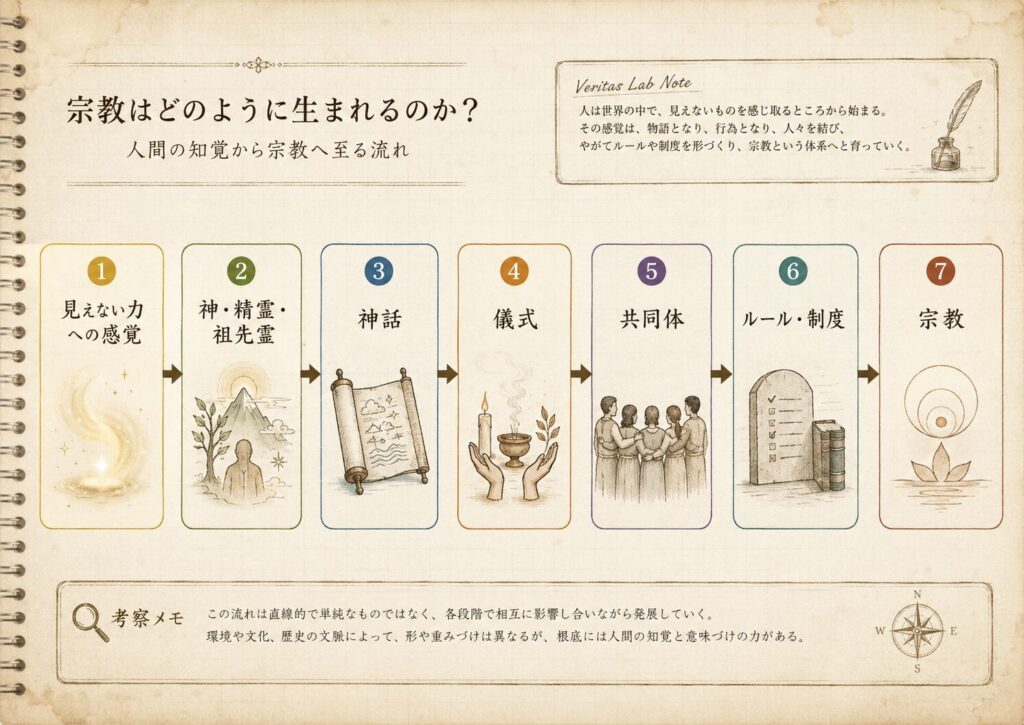 見えない力への感覚が、神話、儀式、共同体、ルールを経て宗教になる流れを示した図解