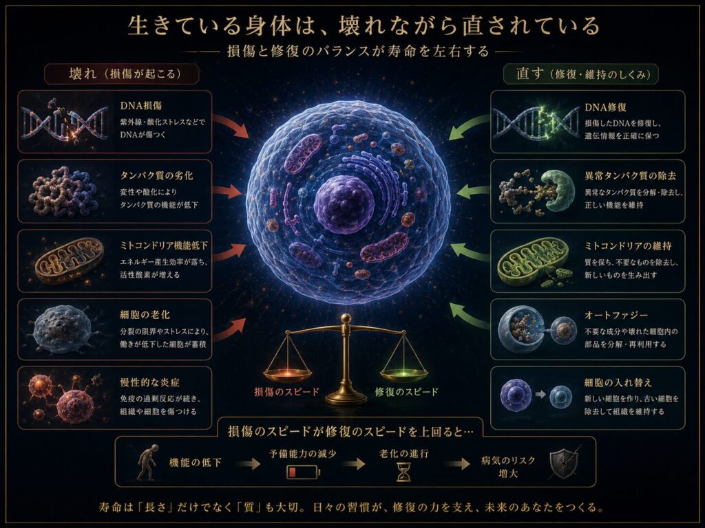DNA損傷、タンパク質の劣化、ミトコンドリア機能低下などの損傷と、修復や細胞の入れ替えのしくみを対比した老化の図解
