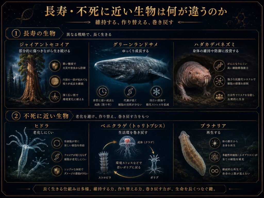ジャイアントセコイア、グリーンランドシャーク、ハダカデバネズミ、ヒドラ、ベニクラゲ、プラナリアを例に、長寿や不死に近い生物の仕組みを比較した図解