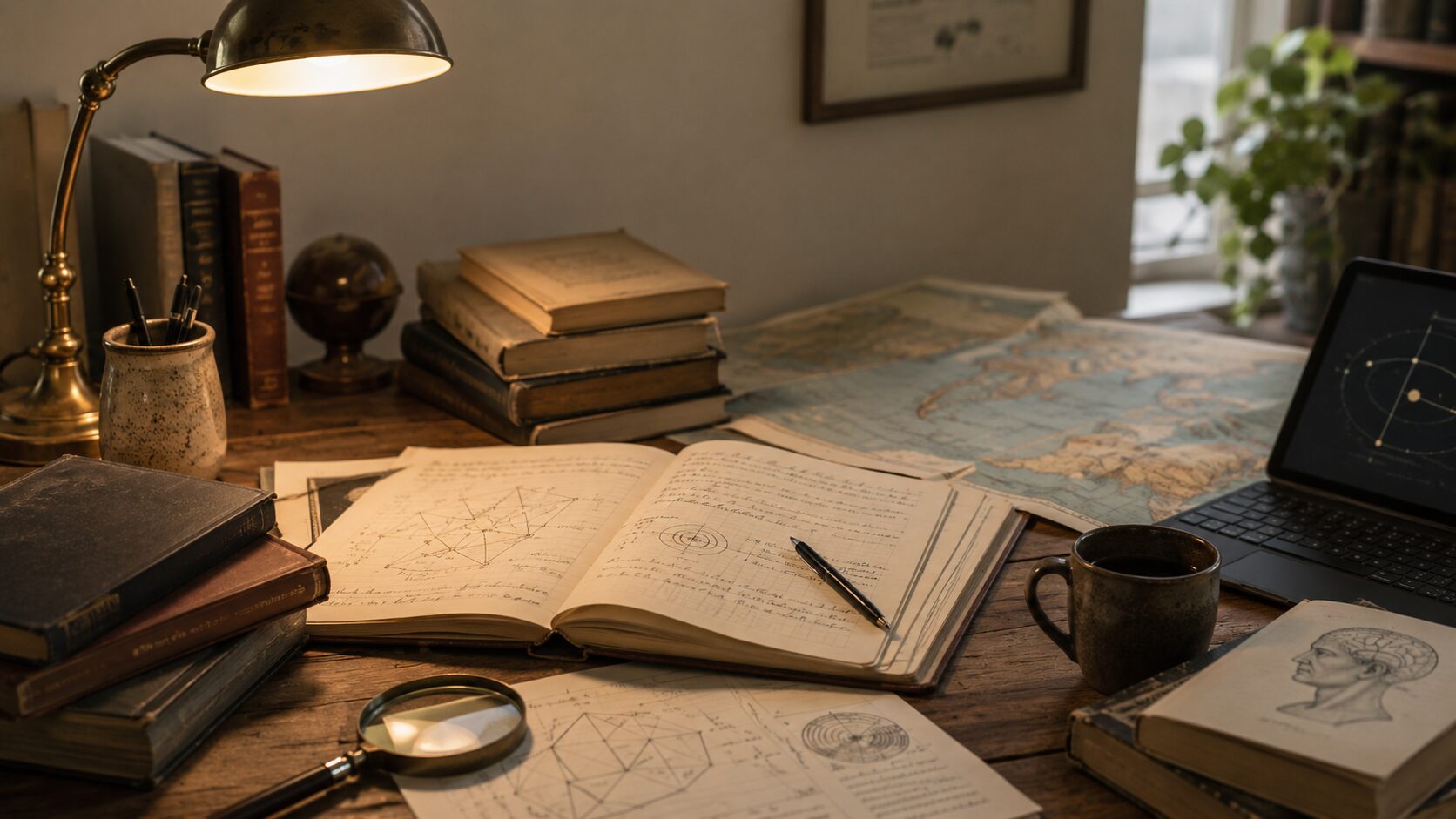 本や地図やノートが並ぶ、Veritas Labの学びの机のイメージ