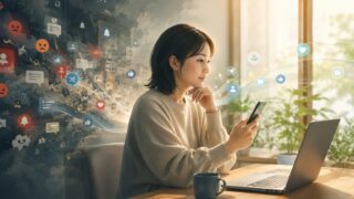 SNSの情報や怒りのノイズから距離を取り、落ち着いてSNSを使うことを表したイメージ