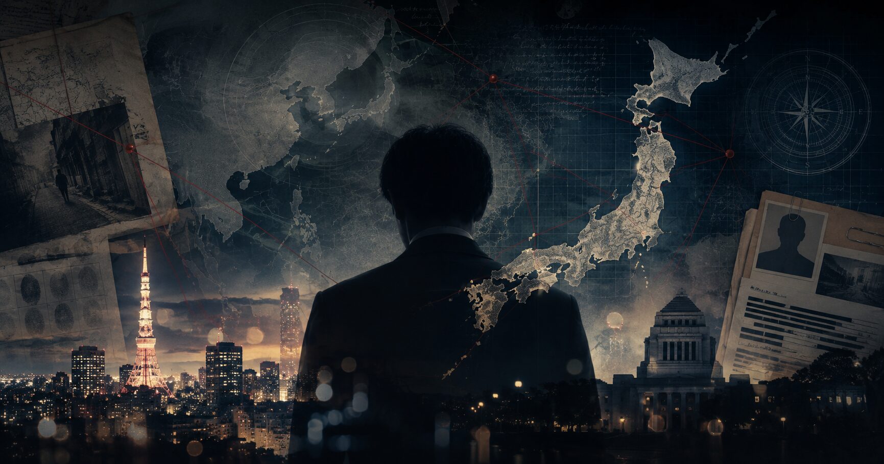 日本地図や東京の夜景、資料や赤い線で諜報の世界を表したアイキャッチ画像