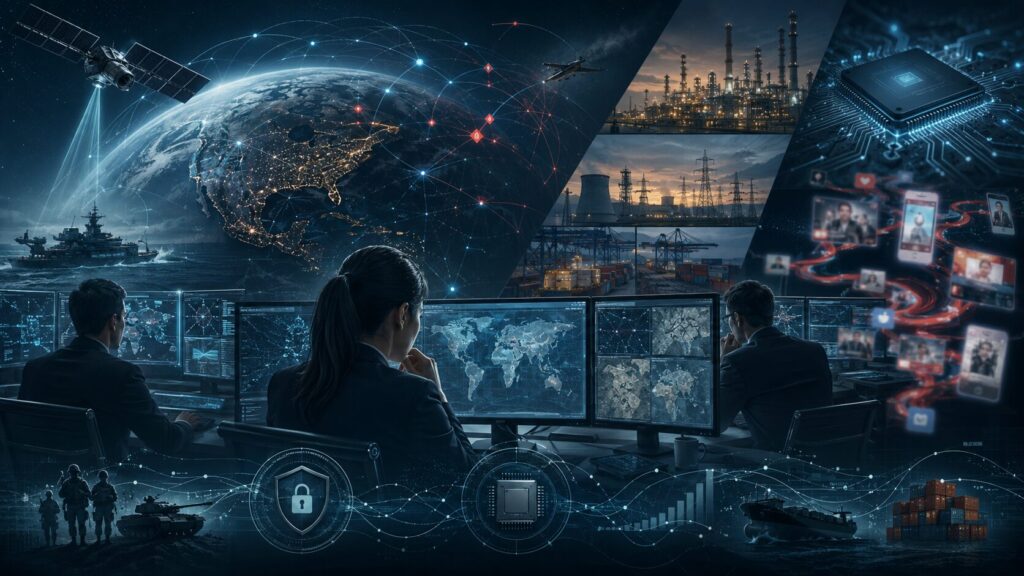 衛星、サイバー空間、半導体、重要インフラ、世界地図を監視する現代の情報分析室のイメージ