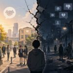 安全な街と治安が悪化した街が対比され、社会の信頼が崩れていく様子を表したイラスト