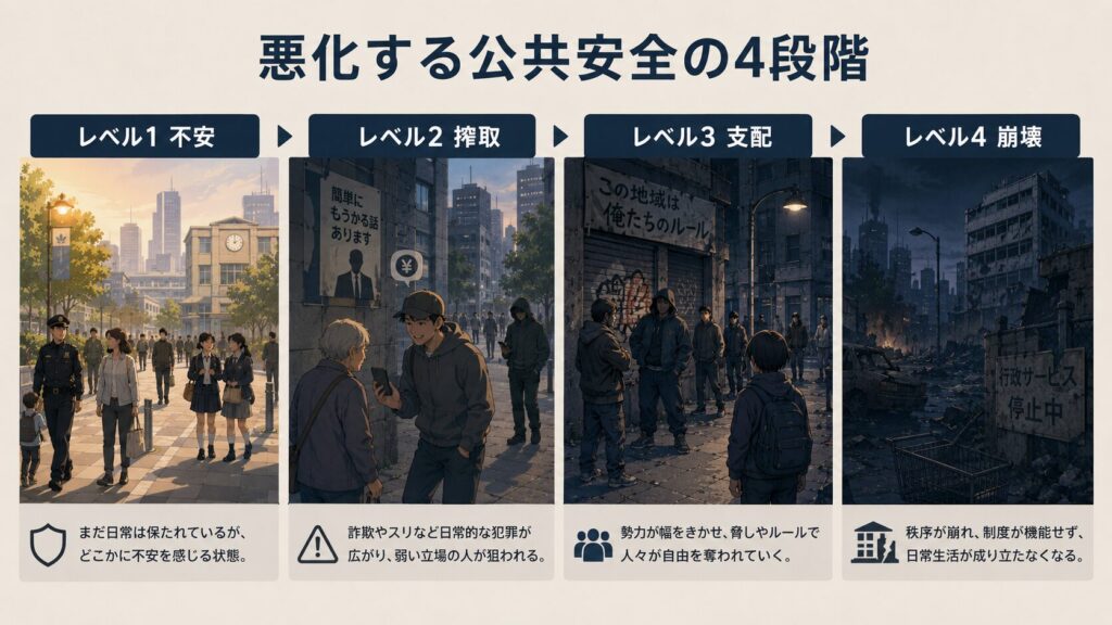 治安悪化を不安、搾取、支配、崩壊の4段階で整理した図解
