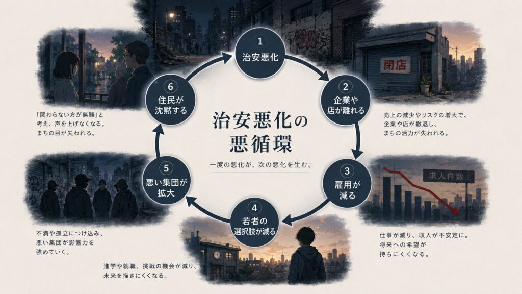 治安悪化によって企業や店が離れ、雇用が減り、若者の選択肢が減る悪循環を示した図解