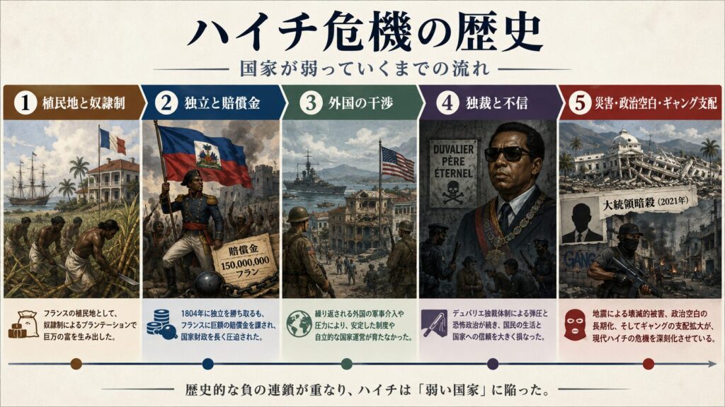植民地と奴隷制、独立と賠償金、外国の干渉、独裁と不信、災害とギャング支配までを整理したハイチ危機の歴史タイムライン