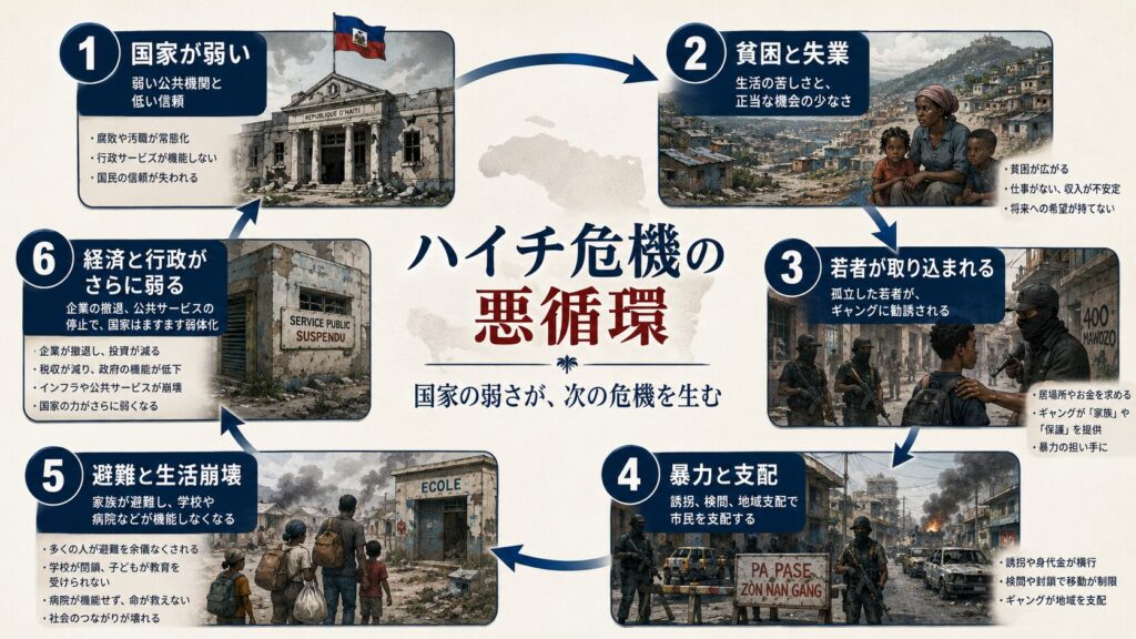 国家の弱さ、貧困、若者の取り込み、暴力と支配、避難と生活崩壊、行政のさらなる弱体化を循環で示したハイチ危機の悪循環図