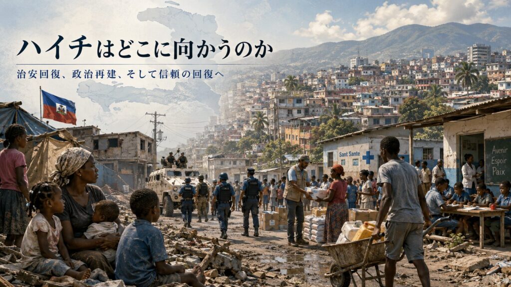 ハイチの街で人道支援や治安回復の取り組みが行われる様子を描いたイメージ