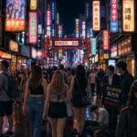ネオンが立ち並ぶ歌舞伎町の夜の街並み。人通りが多く、歓楽街の賑わいと緊張感が共存している様子
