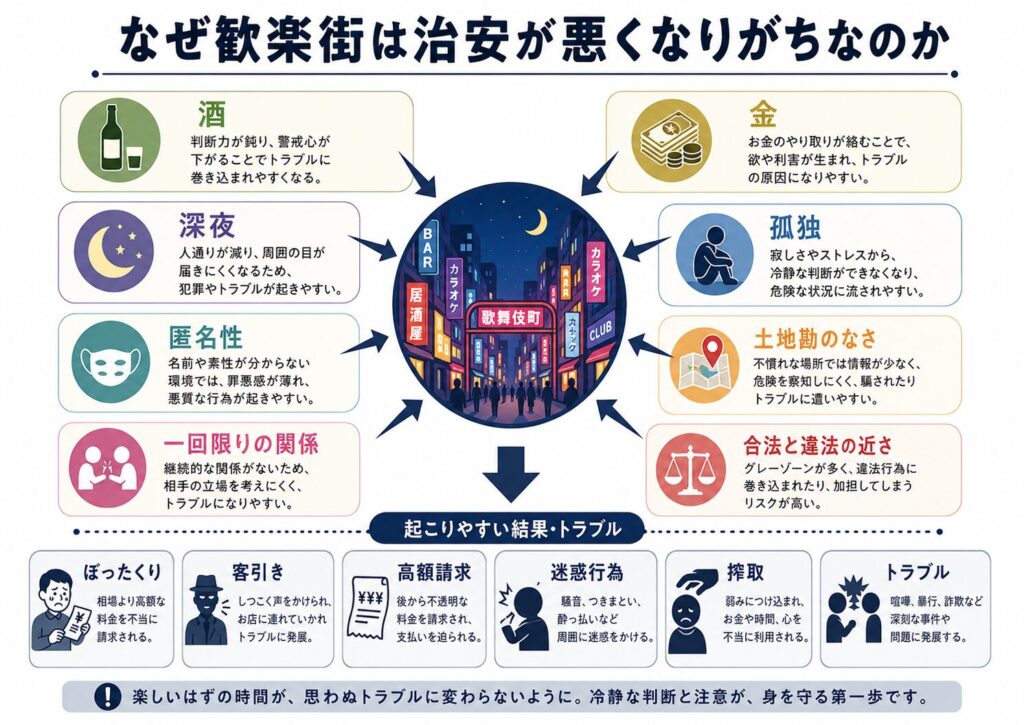 歓楽街の治安が悪くなりやすい要因を整理した図解。酒、金、深夜、孤独、匿名性、土地勘のなさ、一回限りの関係、合法と違法の近さをまとめている