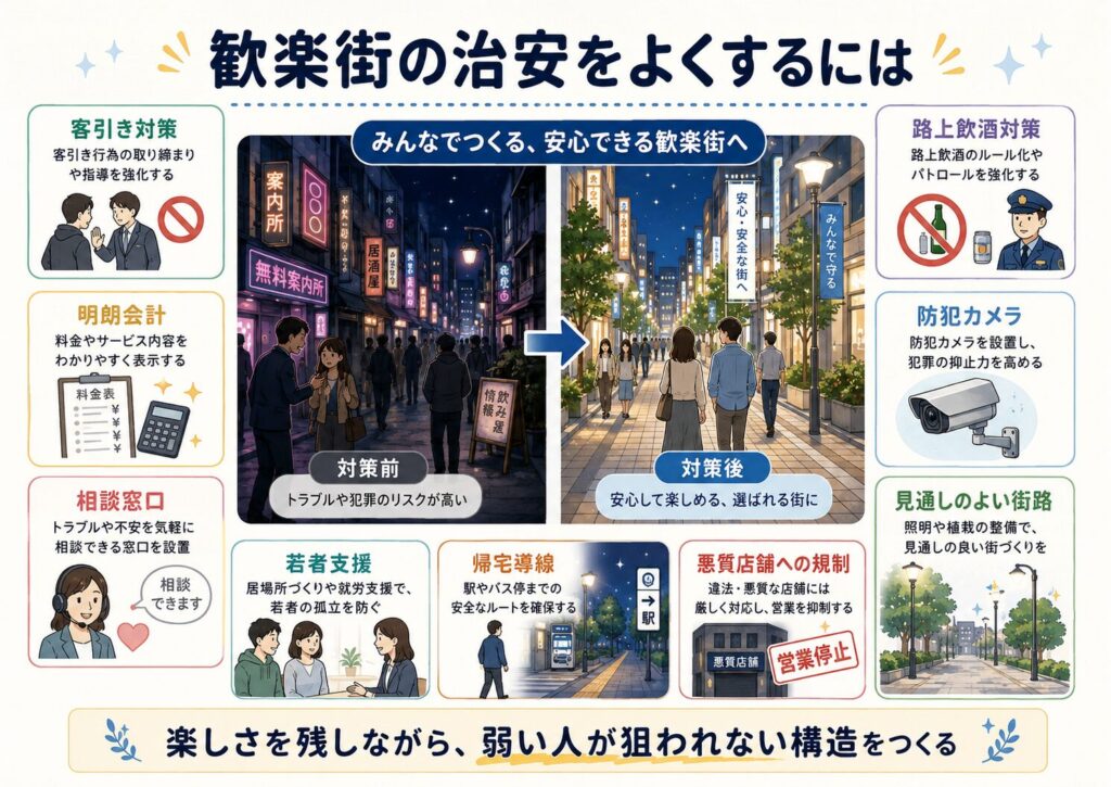 歓楽街の治安を改善する方法をまとめた図解。客引き対策、明朗会計、相談窓口、若者支援、防犯カメラ、帰宅導線、悪質店舗への規制などを整理している