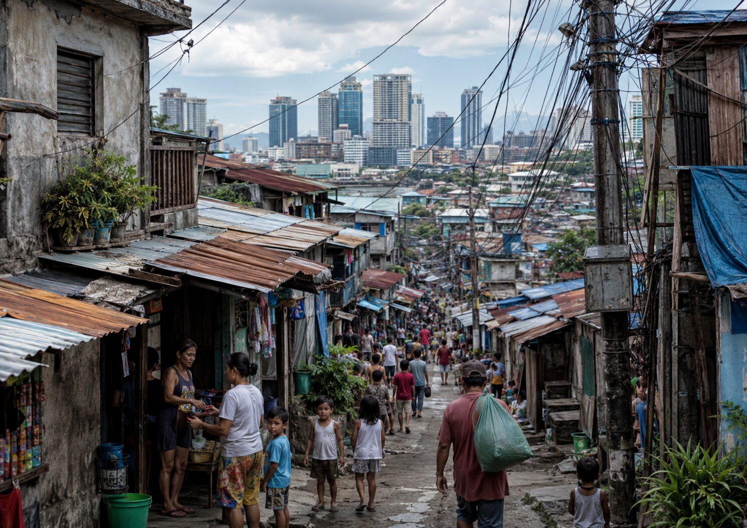 狭い路地に密集する住宅地の奥に近代的な高層ビル群が見える都市景観。スラムと現代都市の格差を象徴している