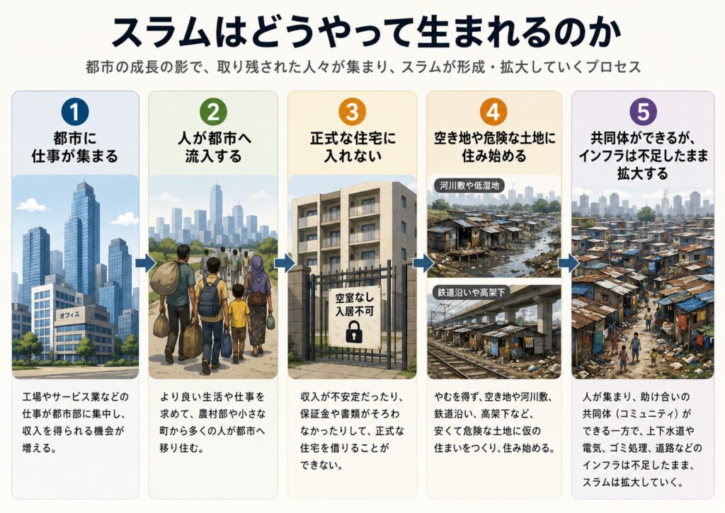 スラムが生まれる過程を5段階で示した図解。都市に仕事が集まり、人が流入し、正式な住宅に入れず、危険な土地に住み始め、インフラ不足のまま共同体が拡大していく流れを表している