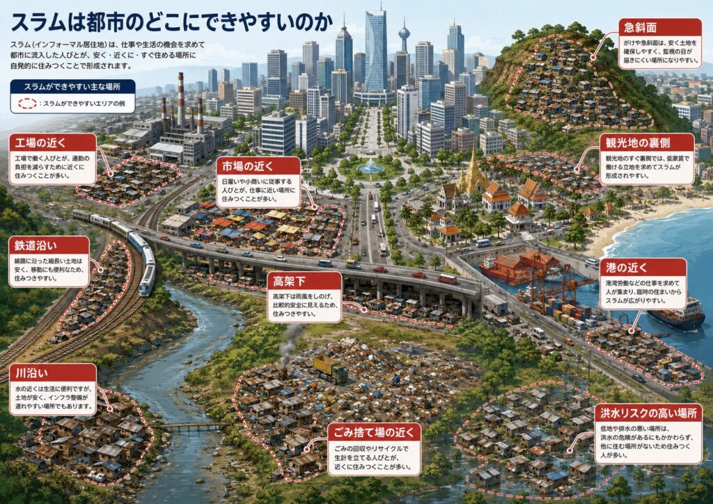 スラムが都市のどこにできやすいのかを示した図解。港、工場、市場、観光地の裏側、鉄道沿い、川沿い、高架下、急斜面、ごみ捨て場、洪水リスクの高い場所を示している