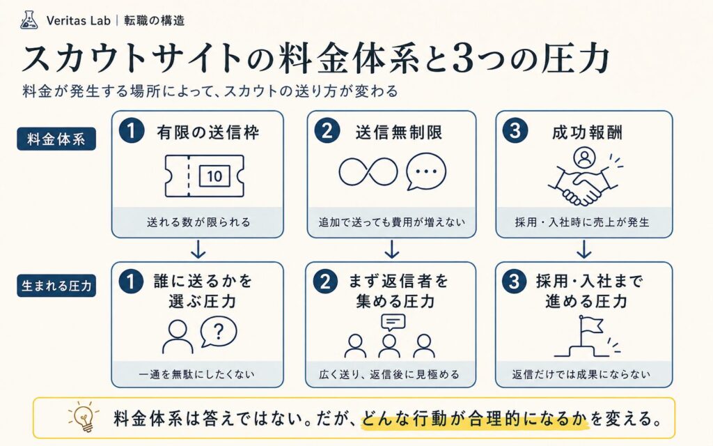 有限の送信枠、送信無制限、成功報酬がスカウトに生む3つの圧力を示した図